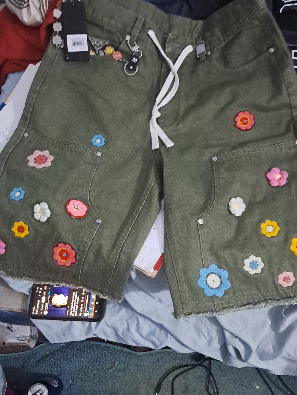Olive Green Floral Patch Jean Shorts - Casual Drawstring Cargo
